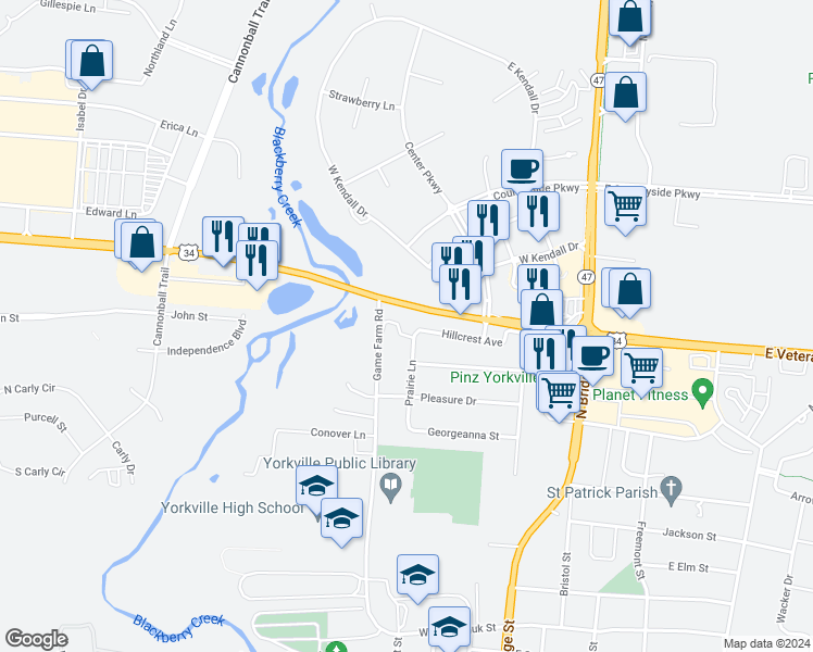 map of restaurants, bars, coffee shops, grocery stores, and more near 1308 Game Farm Road in Yorkville