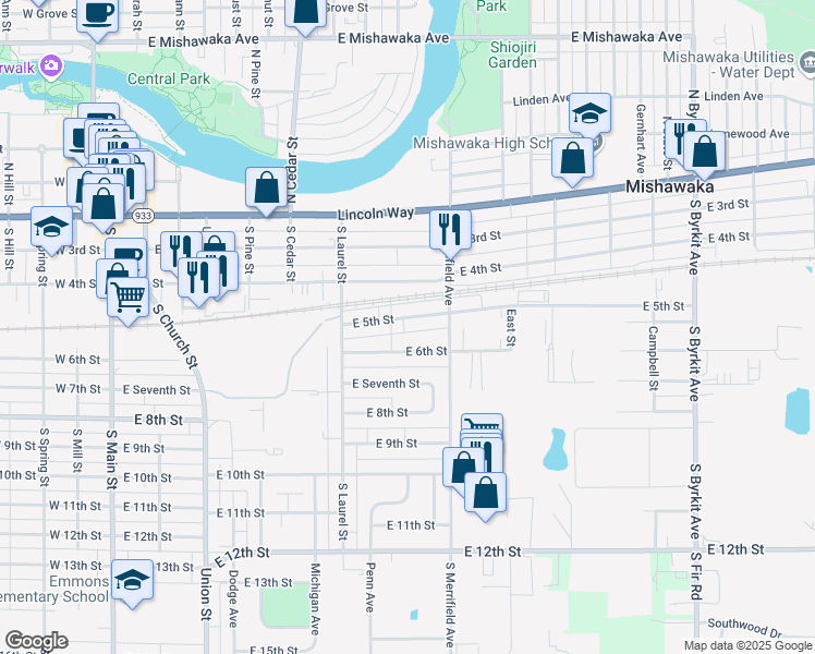 map of restaurants, bars, coffee shops, grocery stores, and more near 819 East 5th Street in Mishawaka