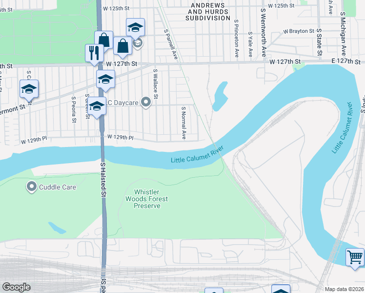 map of restaurants, bars, coffee shops, grocery stores, and more near 511 West 129th Place in Chicago