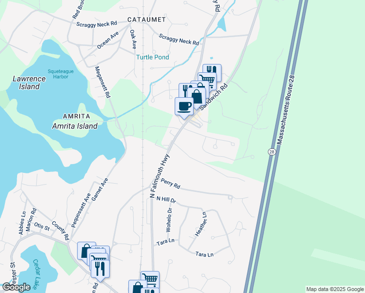 map of restaurants, bars, coffee shops, grocery stores, and more near 15 James West Road in Bourne