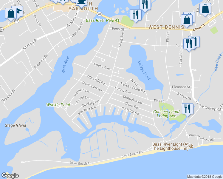 map of restaurants, bars, coffee shops, grocery stores, and more near 5 Merchant Avenue in Dennis