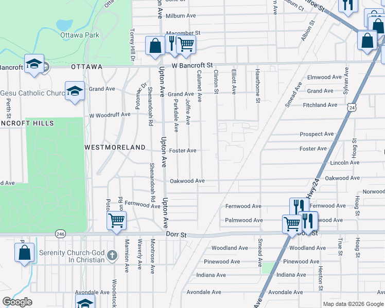 map of restaurants, bars, coffee shops, grocery stores, and more near 1828 Joffre Avenue in Toledo
