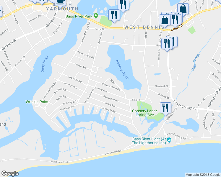 map of restaurants, bars, coffee shops, grocery stores, and more near 29 Kelleys Pond Road in Dennis