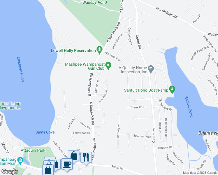 map of restaurants, bars, coffee shops, grocery stores, and more near 47 Fox Hill Road in Mashpee