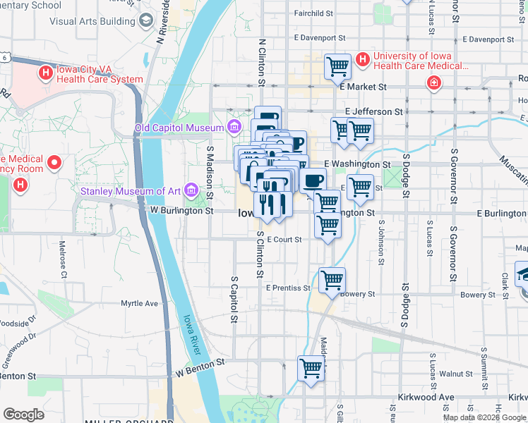 map of restaurants, bars, coffee shops, grocery stores, and more near in Iowa City