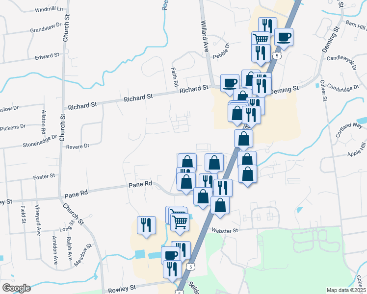 map of restaurants, bars, coffee shops, grocery stores, and more near 98 Pane Road in Newington