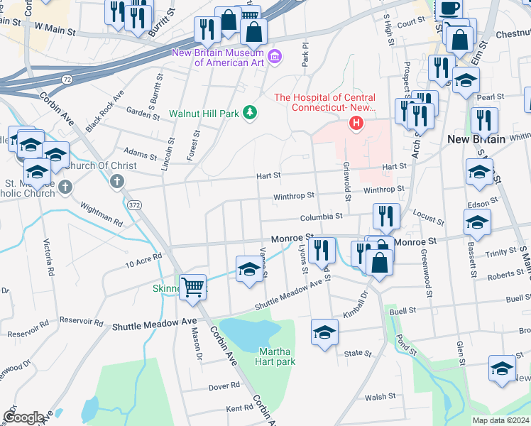 map of restaurants, bars, coffee shops, grocery stores, and more near 58 Vance Street in New Britain