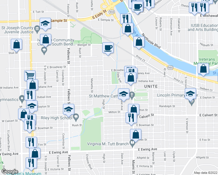 map of restaurants, bars, coffee shops, grocery stores, and more near 818 West Indiana Avenue in South Bend