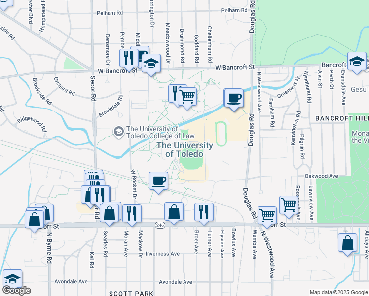 map of restaurants, bars, coffee shops, grocery stores, and more near 2801 West Bancroft Street in Toledo