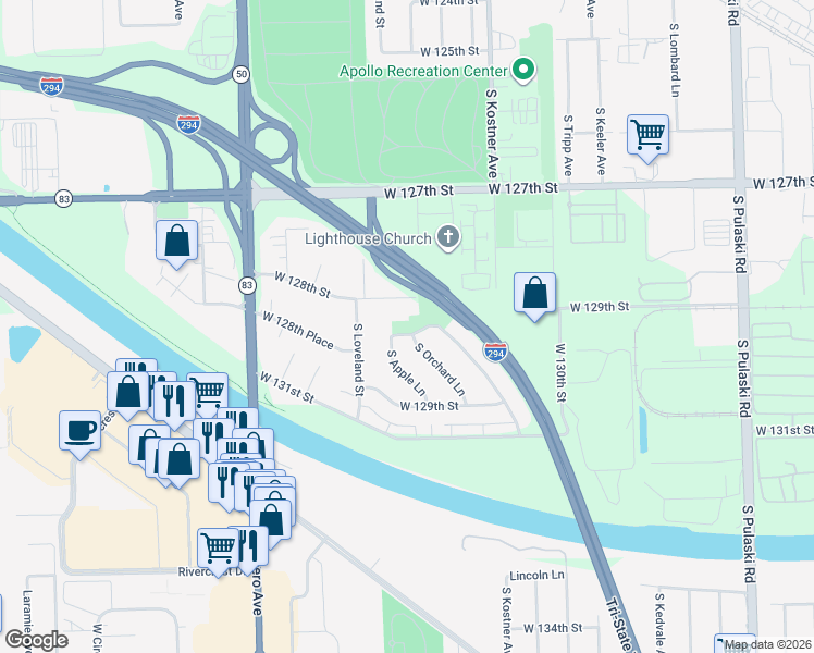 map of restaurants, bars, coffee shops, grocery stores, and more near 12815 West Blossom Drive in Alsip