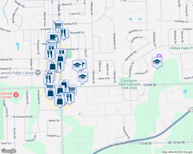map of restaurants, bars, coffee shops, grocery stores, and more near 1218 Hillview Drive in Lemont