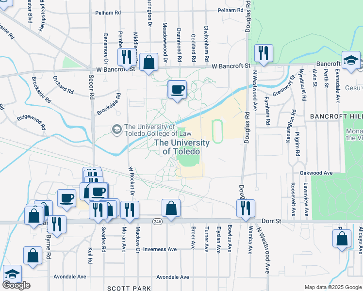 map of restaurants, bars, coffee shops, grocery stores, and more near 2801 Bancroft Street in Toledo