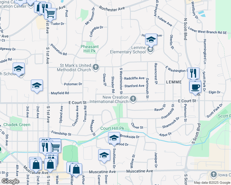 map of restaurants, bars, coffee shops, grocery stores, and more near 218 Shrader Road in Iowa City