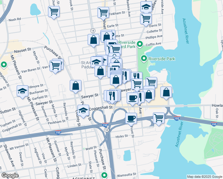 map of restaurants, bars, coffee shops, grocery stores, and more near 1207 Acushnet Avenue in New Bedford
