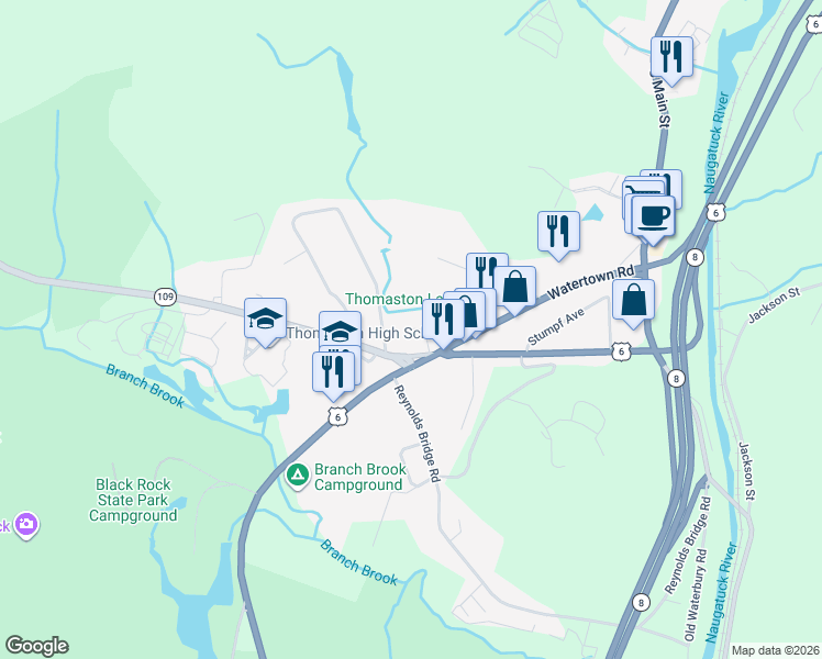 map of restaurants, bars, coffee shops, grocery stores, and more near 2 Branch Road in Thomaston