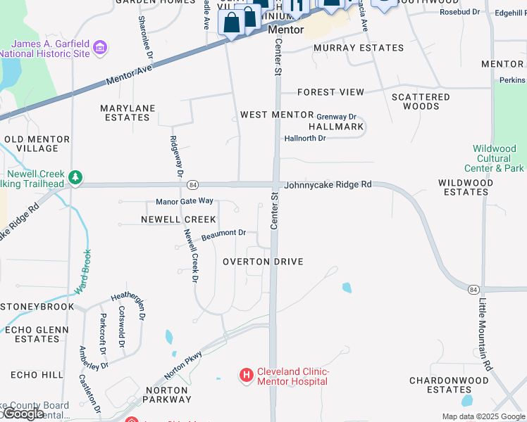 map of restaurants, bars, coffee shops, grocery stores, and more near 7829 Overton Drive in Mentor