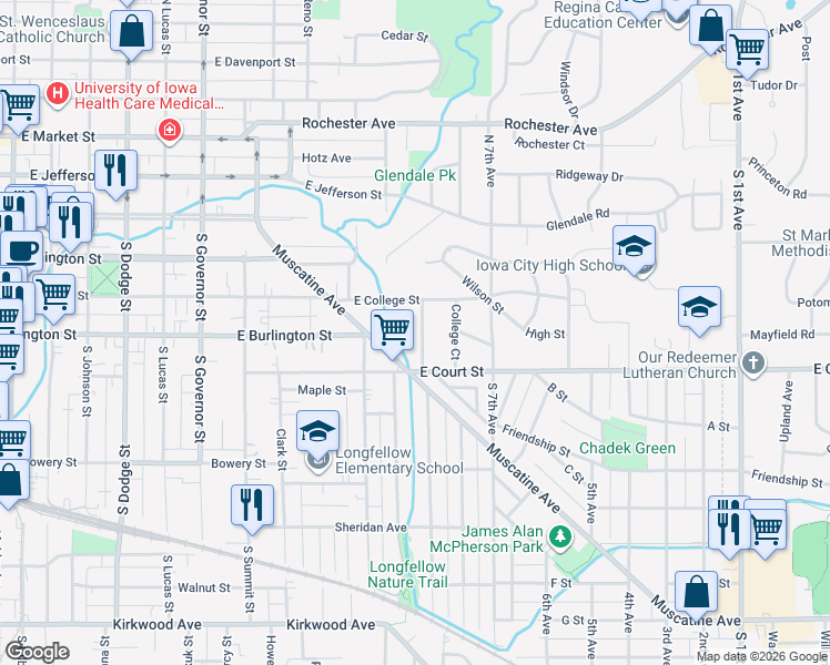 map of restaurants, bars, coffee shops, grocery stores, and more near 231 Fairview Avenue in Iowa City