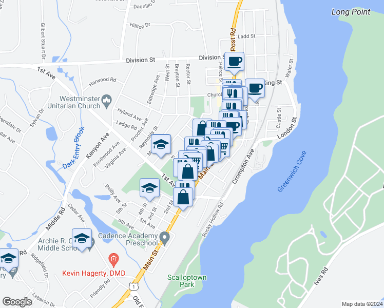 map of restaurants, bars, coffee shops, grocery stores, and more near 40 Greene Street in East Greenwich