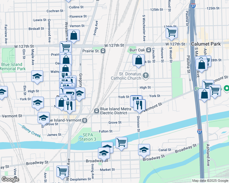 map of restaurants, bars, coffee shops, grocery stores, and more near 2107 High Street in Blue Island