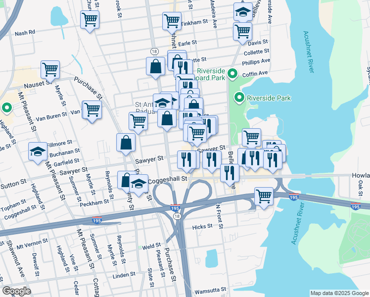 map of restaurants, bars, coffee shops, grocery stores, and more near 1207 Acushnet Avenue in New Bedford