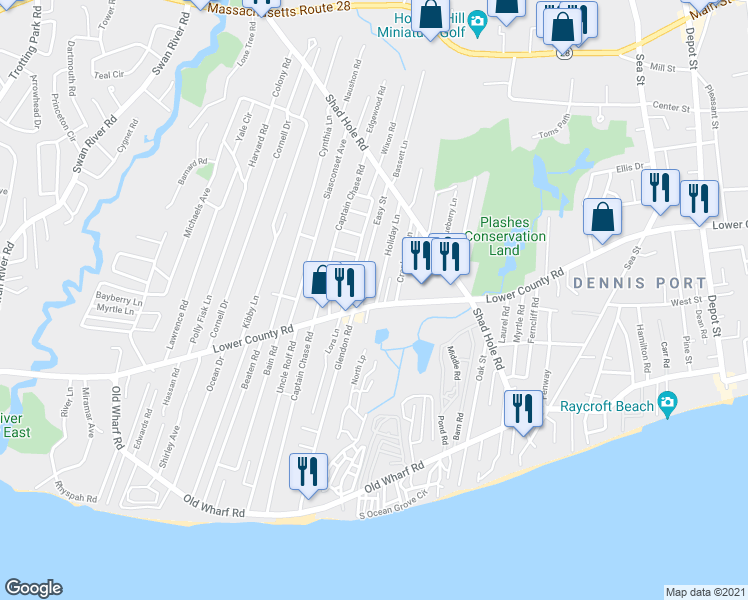 map of restaurants, bars, coffee shops, grocery stores, and more near 59 Holiday Lane in Dennis