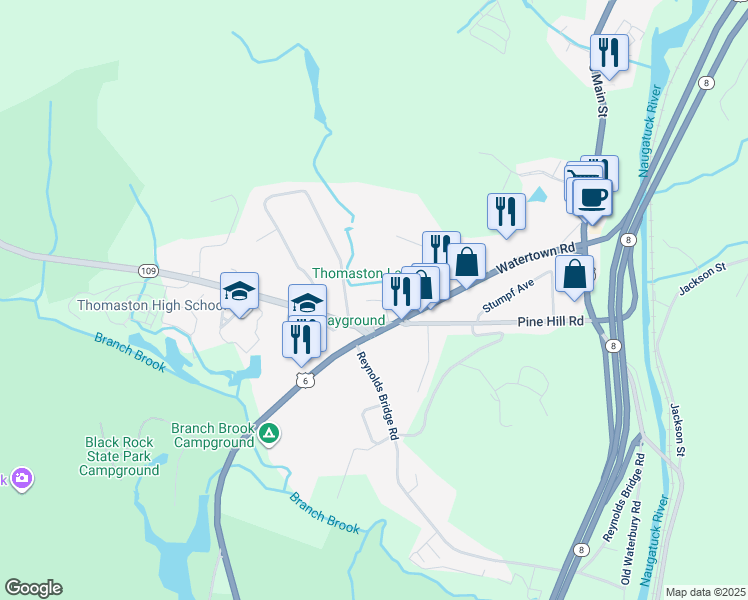 map of restaurants, bars, coffee shops, grocery stores, and more near 2 Branch Road in Thomaston