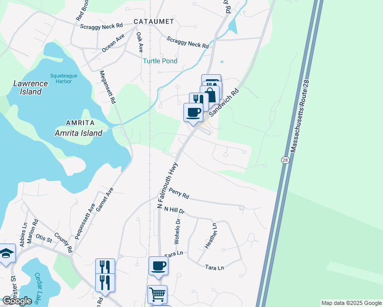 map of restaurants, bars, coffee shops, grocery stores, and more near 15 James West Road in Bourne