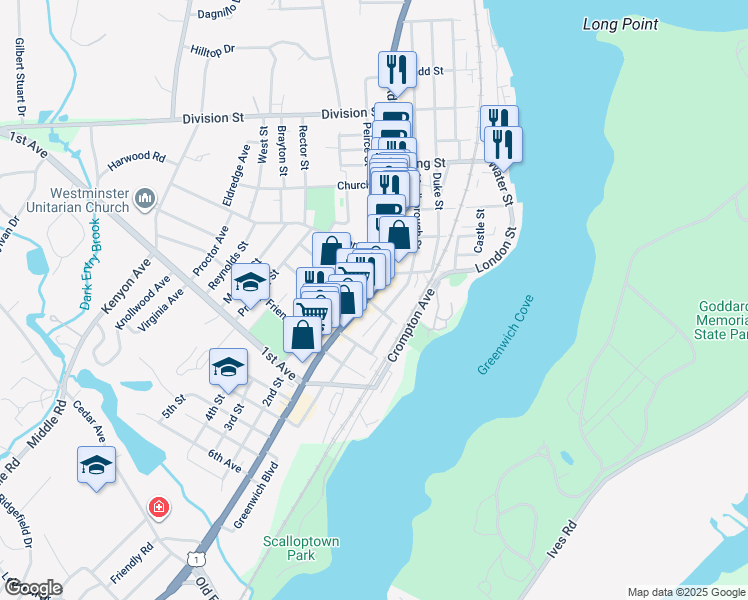map of restaurants, bars, coffee shops, grocery stores, and more near 442 Main Street in East Greenwich
