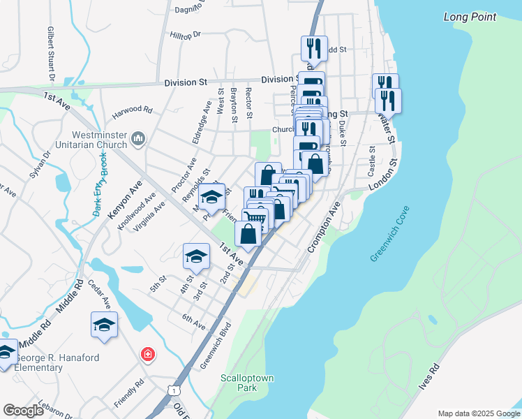 map of restaurants, bars, coffee shops, grocery stores, and more near 495 Main Street in East Greenwich