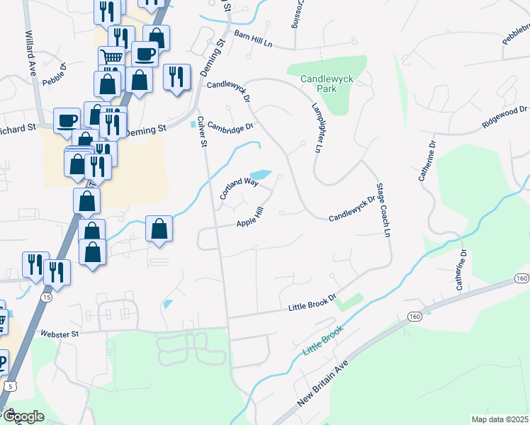 map of restaurants, bars, coffee shops, grocery stores, and more near 36 Coachmen Lane in Newington
