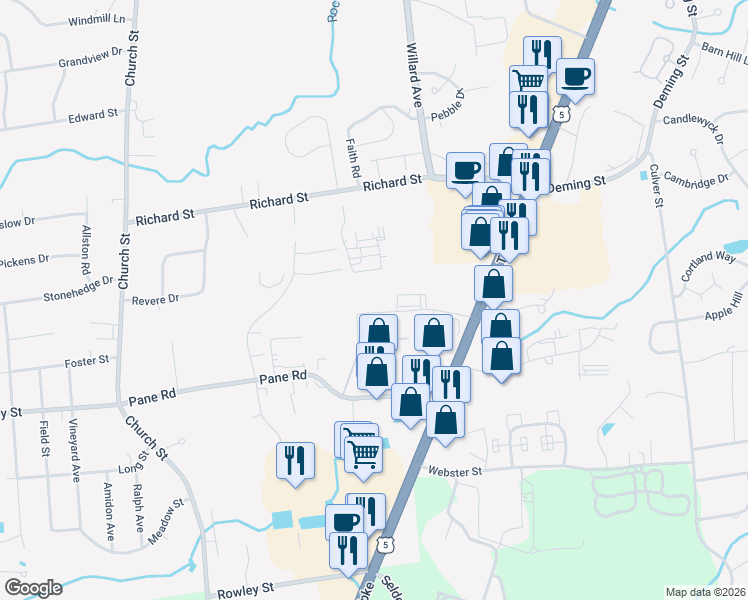 map of restaurants, bars, coffee shops, grocery stores, and more near 198 Holland Drive in Newington