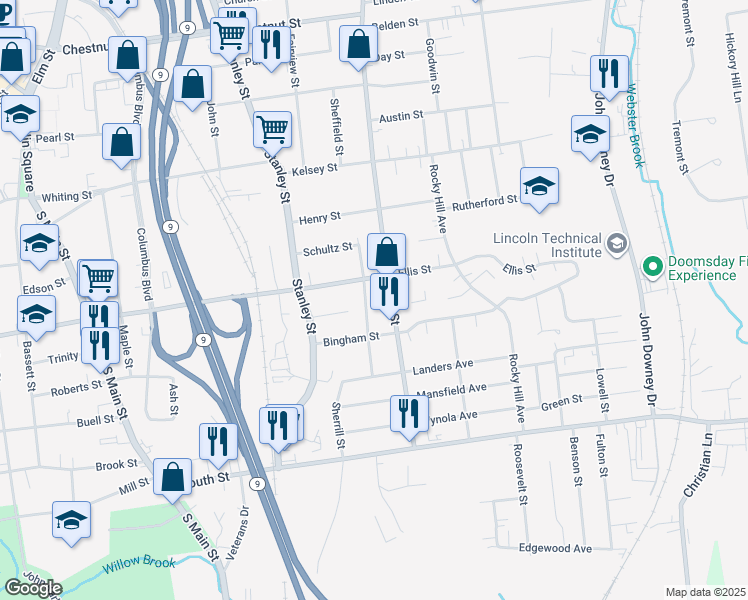 map of restaurants, bars, coffee shops, grocery stores, and more near 89 Collins Street in New Britain