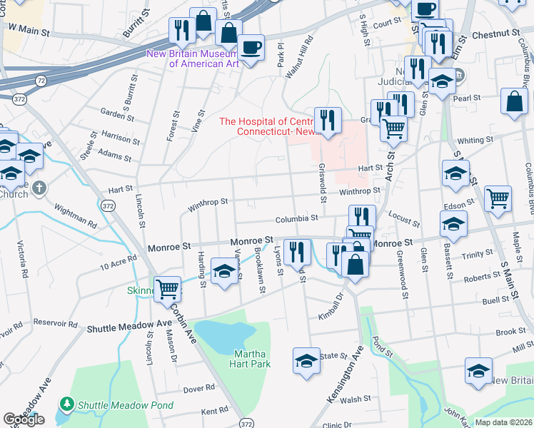 map of restaurants, bars, coffee shops, grocery stores, and more near 177 Columbia Street in New Britain