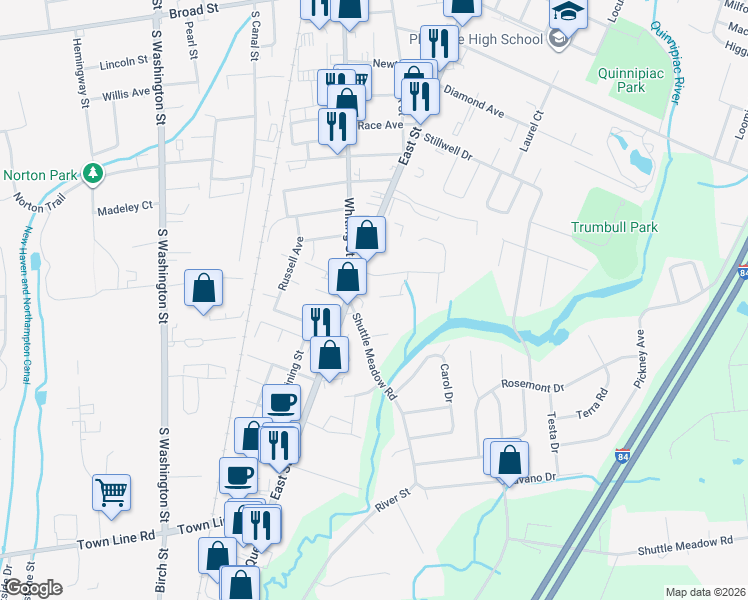 map of restaurants, bars, coffee shops, grocery stores, and more near 33 Spring Street in Plainville