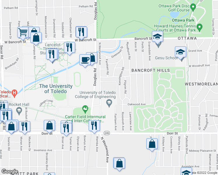 map of restaurants, bars, coffee shops, grocery stores, and more near 1826 North Westwood Avenue in Toledo