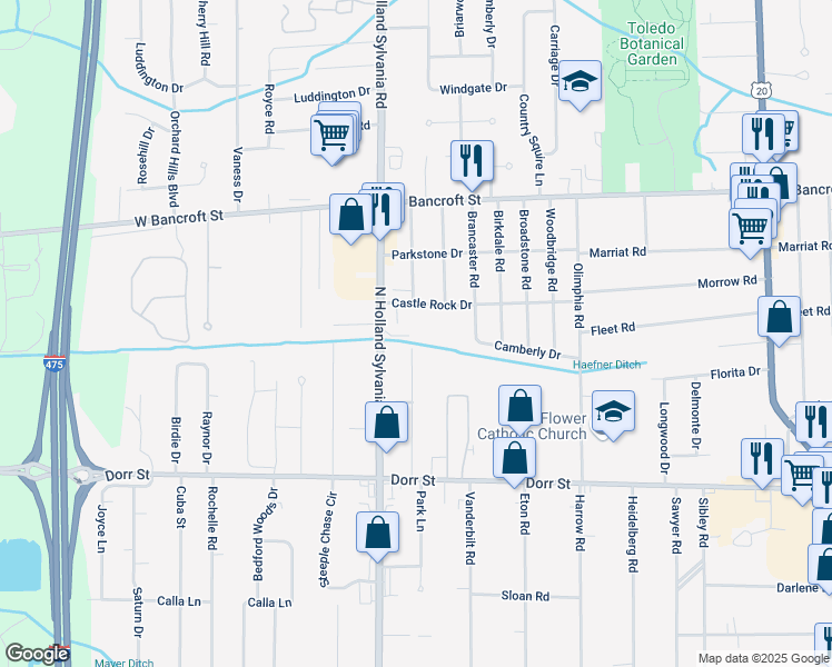 map of restaurants, bars, coffee shops, grocery stores, and more near 5815 Castle Rock Drive in Toledo