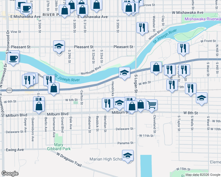 map of restaurants, bars, coffee shops, grocery stores, and more near 202-298 Meridian Street in Mishawaka