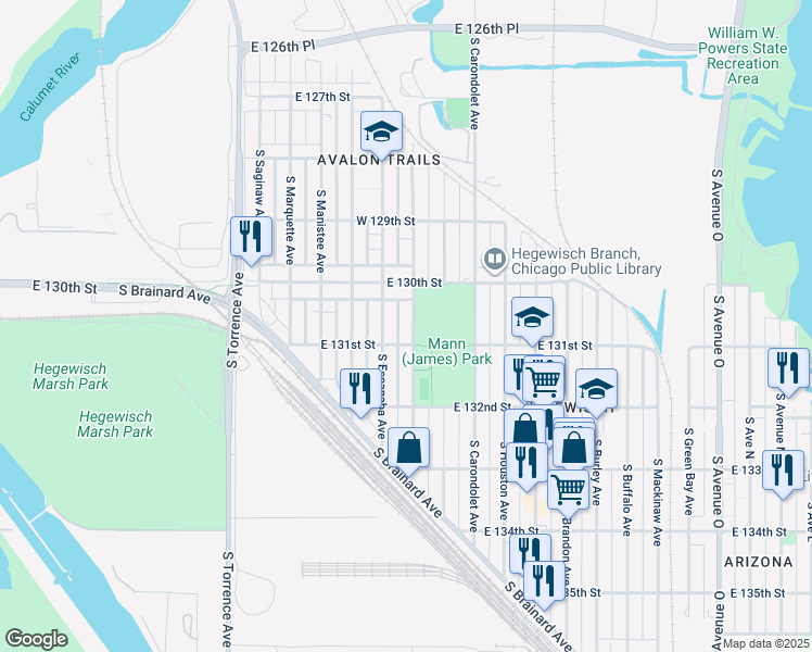 map of restaurants, bars, coffee shops, grocery stores, and more near 13036 South Exchange Avenue in Chicago