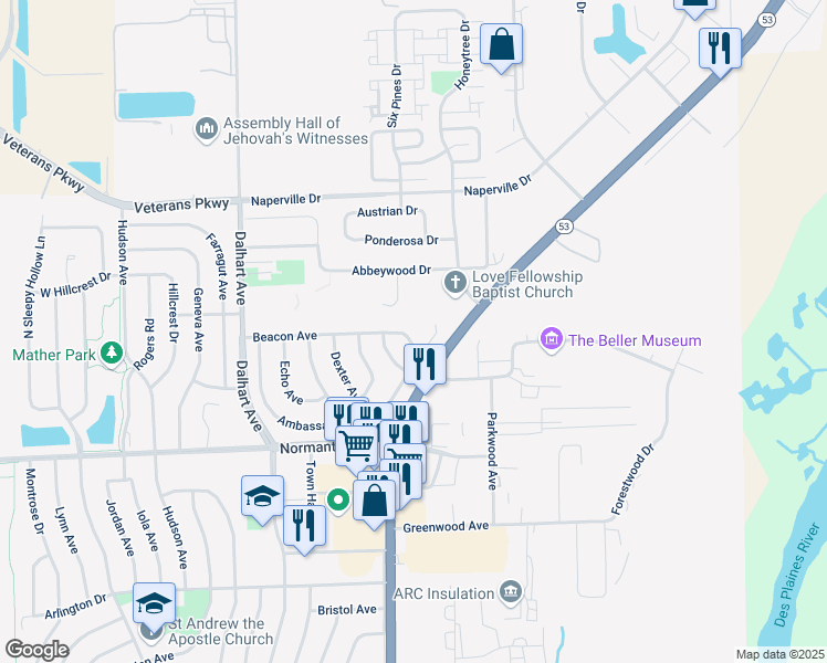 map of restaurants, bars, coffee shops, grocery stores, and more near 10 Beacon Avenue in Romeoville