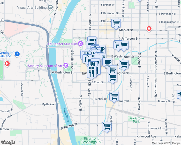 map of restaurants, bars, coffee shops, grocery stores, and more near in Iowa City