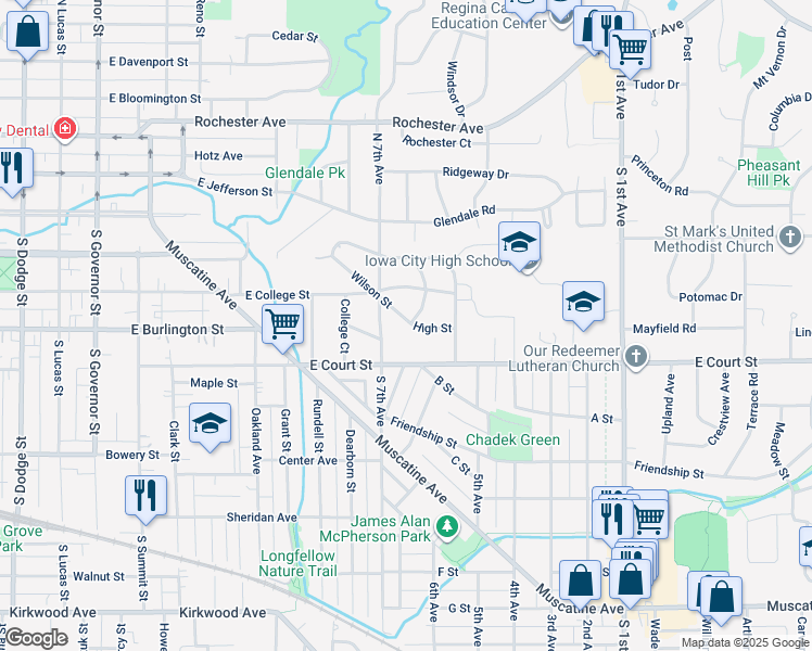 map of restaurants, bars, coffee shops, grocery stores, and more near 1735 Wilson Street in Iowa City