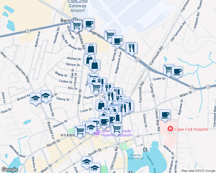 map of restaurants, bars, coffee shops, grocery stores, and more near 46 Spring Street in Barnstable