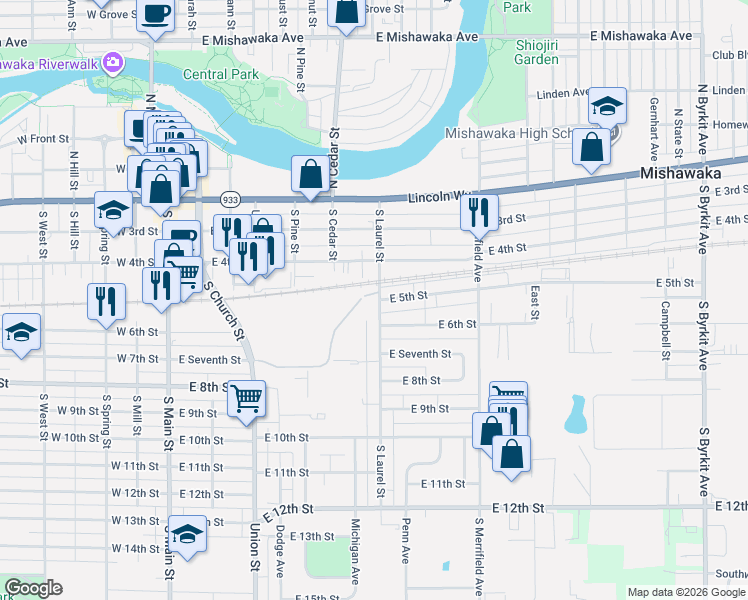 map of restaurants, bars, coffee shops, grocery stores, and more near 337 South Laurel Street in Mishawaka