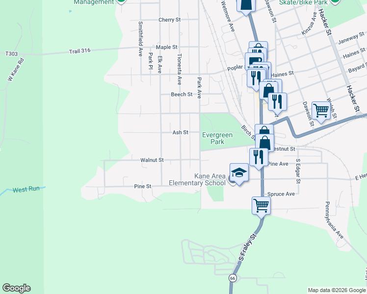 map of restaurants, bars, coffee shops, grocery stores, and more near 20 North Tionesta Avenue in Kane