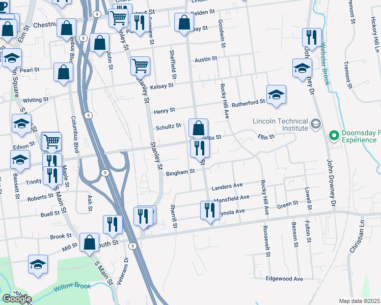 map of restaurants, bars, coffee shops, grocery stores, and more near 89 Collins Street in New Britain