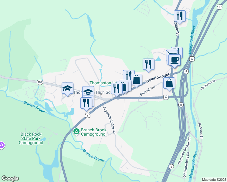 map of restaurants, bars, coffee shops, grocery stores, and more near 2 Branch Road in Thomaston