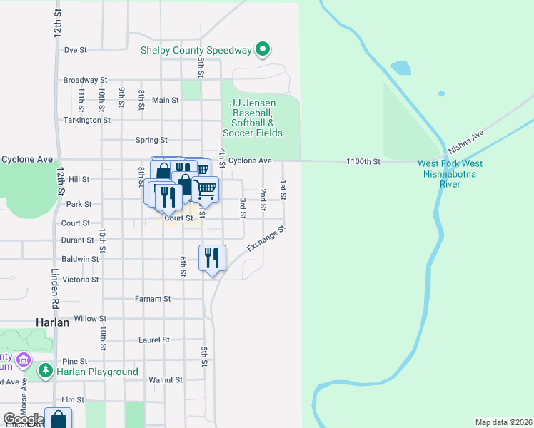 map of restaurants, bars, coffee shops, grocery stores, and more near 1007 2nd Street in Harlan