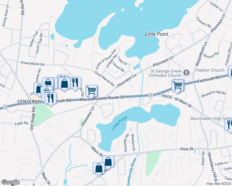 map of restaurants, bars, coffee shops, grocery stores, and more near 242 Phinneys Lane in Barnstable