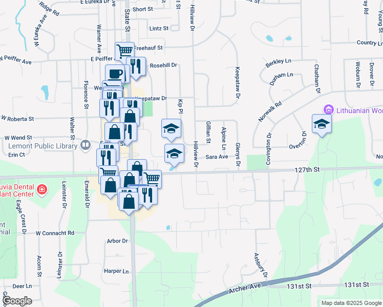 map of restaurants, bars, coffee shops, grocery stores, and more near 1218 Hillview Drive in Lemont