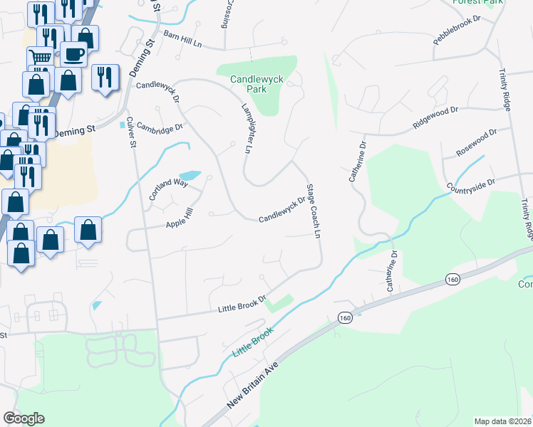 map of restaurants, bars, coffee shops, grocery stores, and more near 264 Candlewyck Drive in Newington